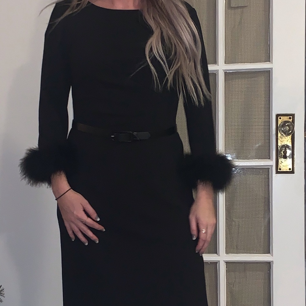 Black Tahari long sleeve dress with fur on sleeve